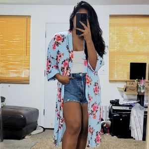 FOREVER 21 BLUE FLORAL KIMONO CARDIGAN SMALL 6 8 10